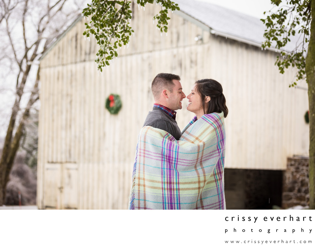 Wintery Christmas Engagement Photos with Barn
