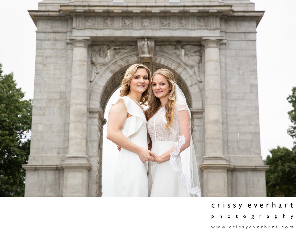 Brides Under Memorial Arch at Valley Forge Park