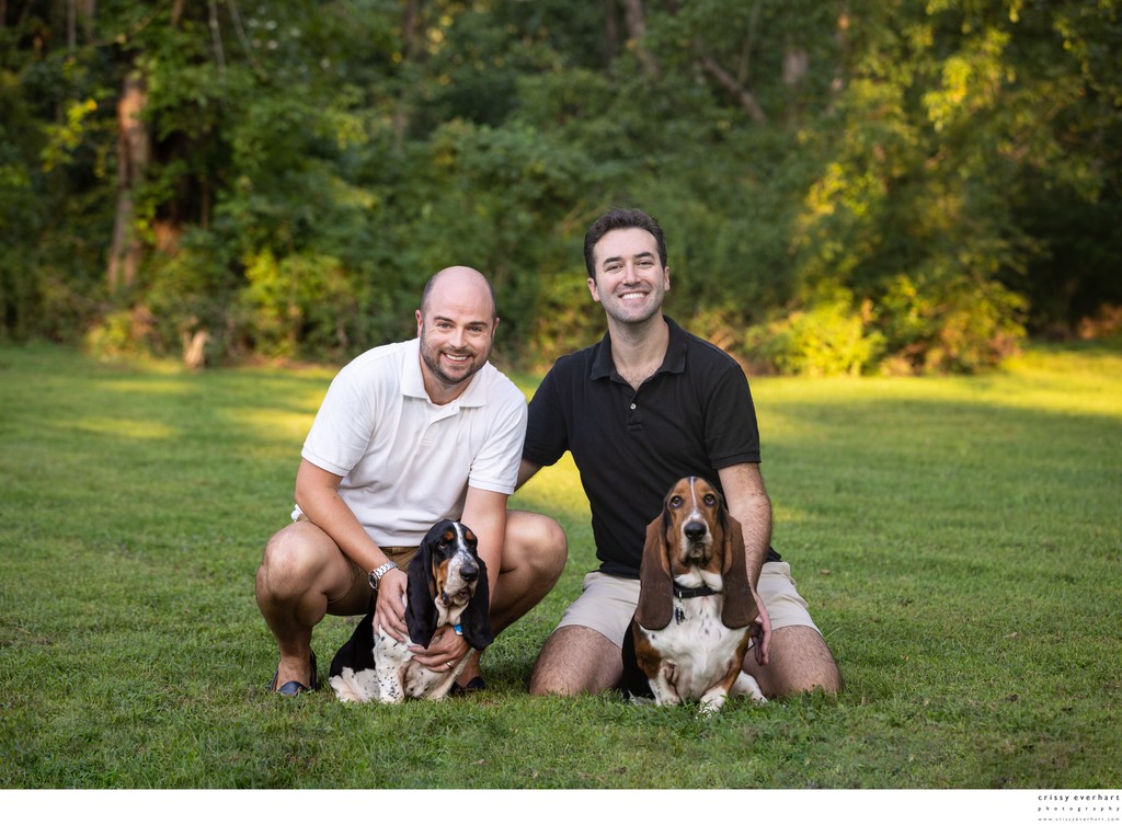 Portrait of Couple with Bassett Hounds
