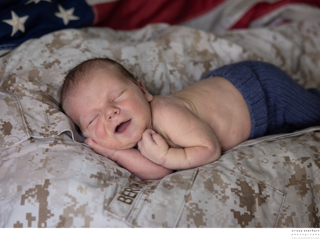 Baby on Daddy's Marine Corps Uniform