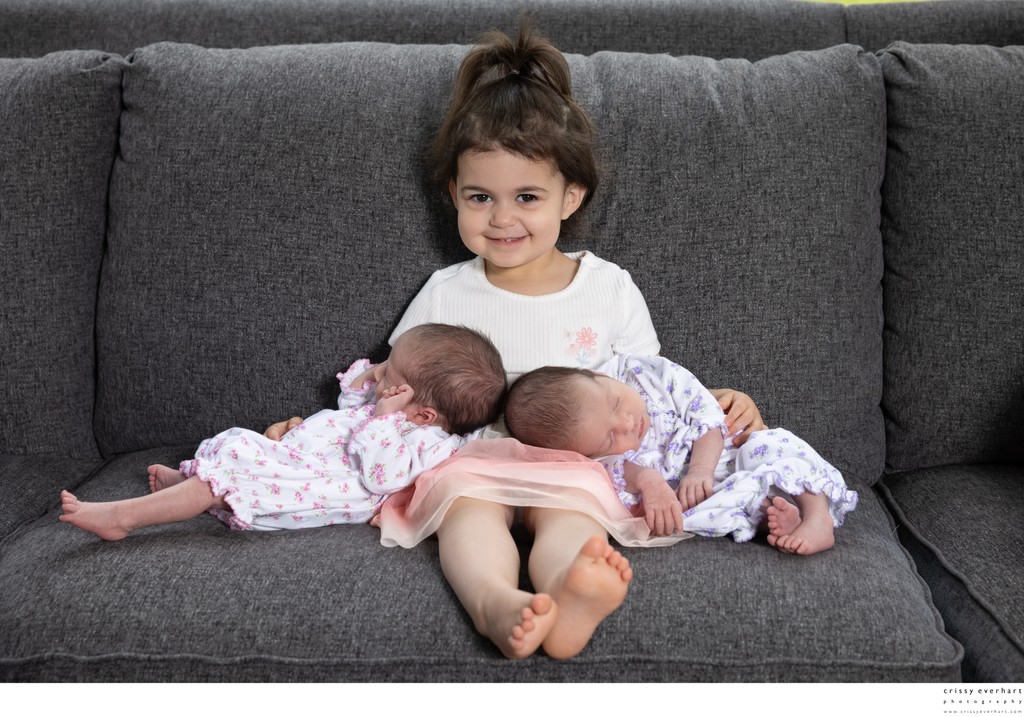 Newborn Twins with Big Sister