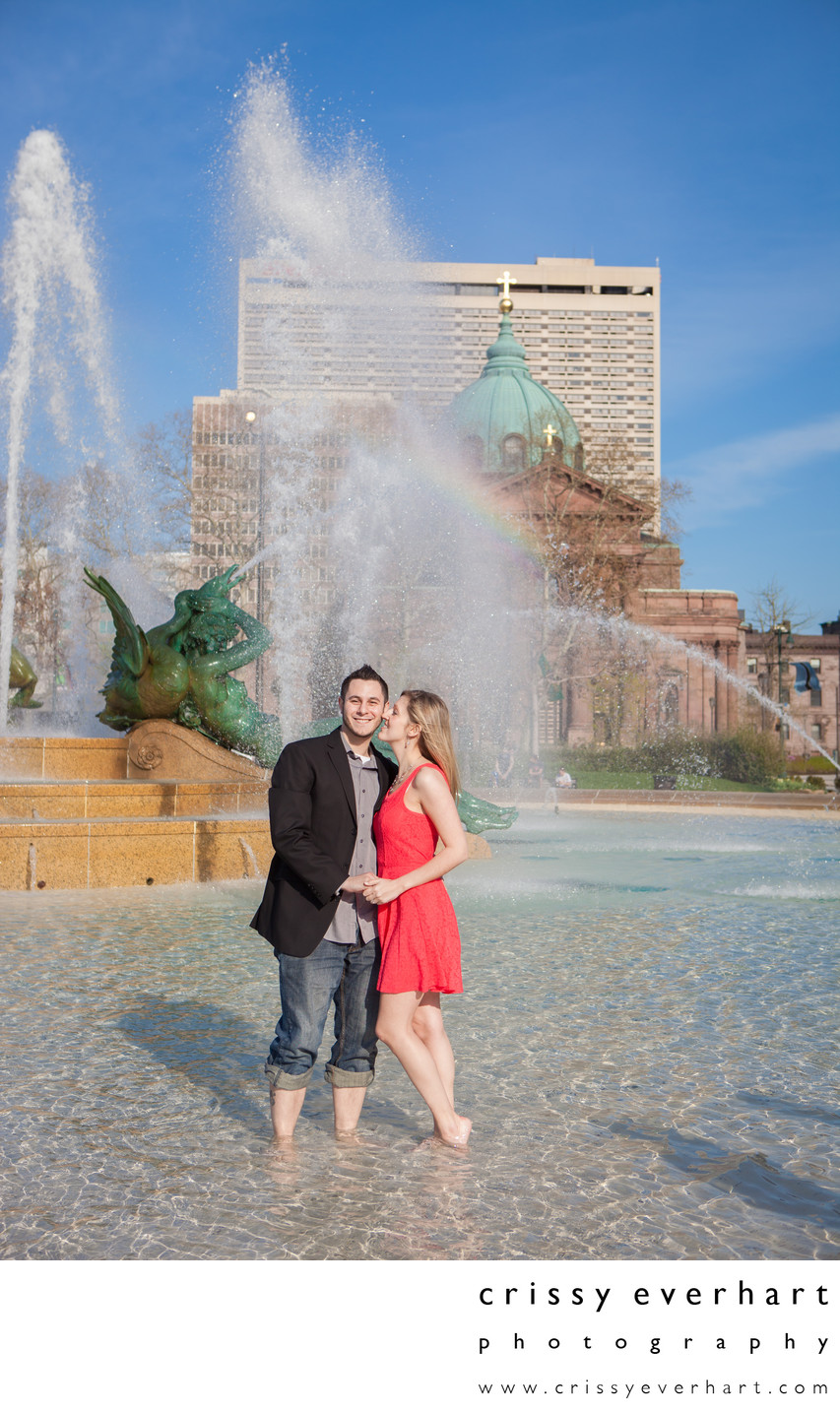 Center City Philadelphia fountain engagement photo