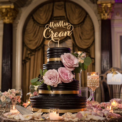 Chocolate Wedding Cake with Pink Roses and Gold Glitter