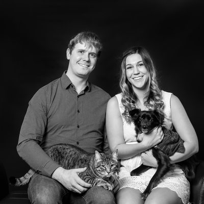 Engagement Portraits in Studio with Cat and Dog