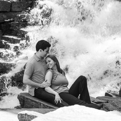 Longwood Gardens B&W Engagement Portrait by Waterfall