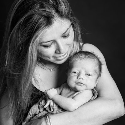 Mom with Newborn Son, B&W Portrait Session