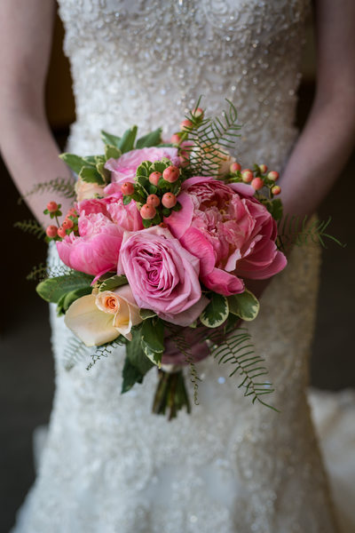 Pink Bridal Bouquet with Roses, Ranunculus and Berries