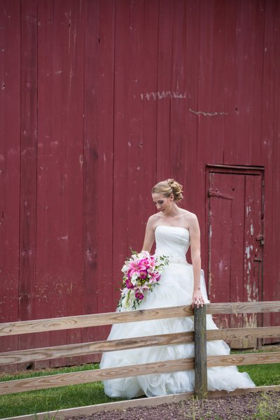 Bride in Front of Red Barn - VanCleve Wedding Dress