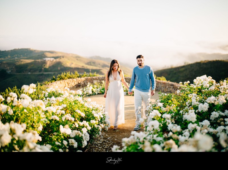 Malibu proposal walk at Stonewall Ranch, flower path