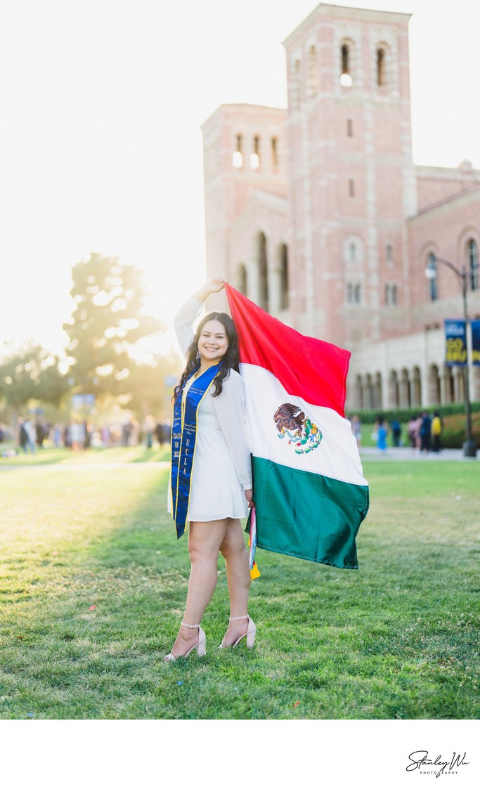 Bright Airy UCLA Graduation Portrait with Mexican Flag