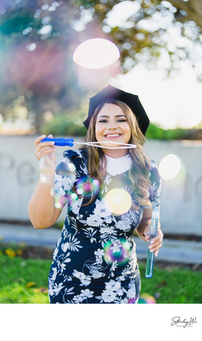 Celebratory Bubbles Graduation Portrait at Pepperdine