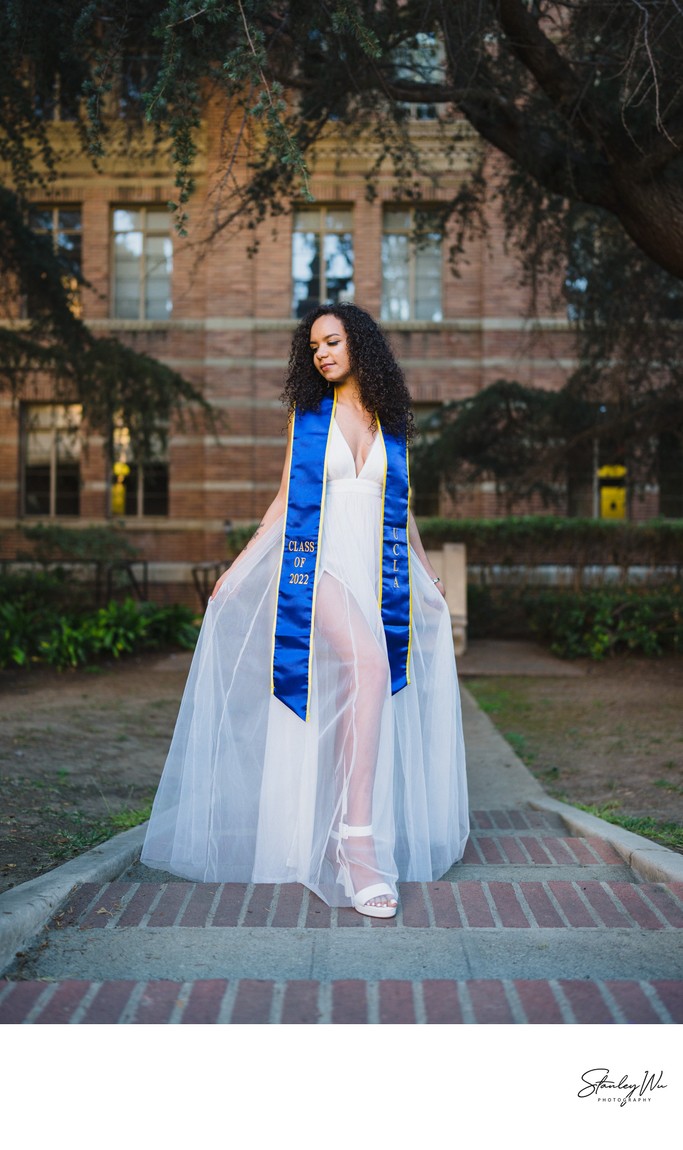 Graduation Portrait With Long White Chiffon Dress