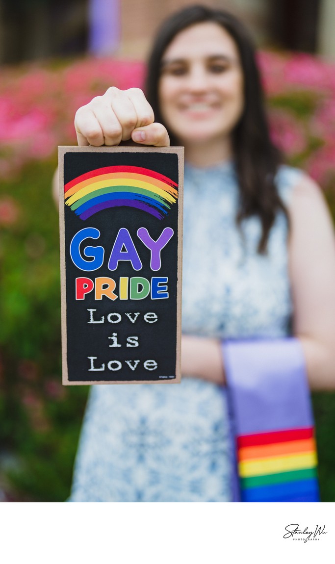 Graduation Portrait at UCLA with Gay Pride Signboard