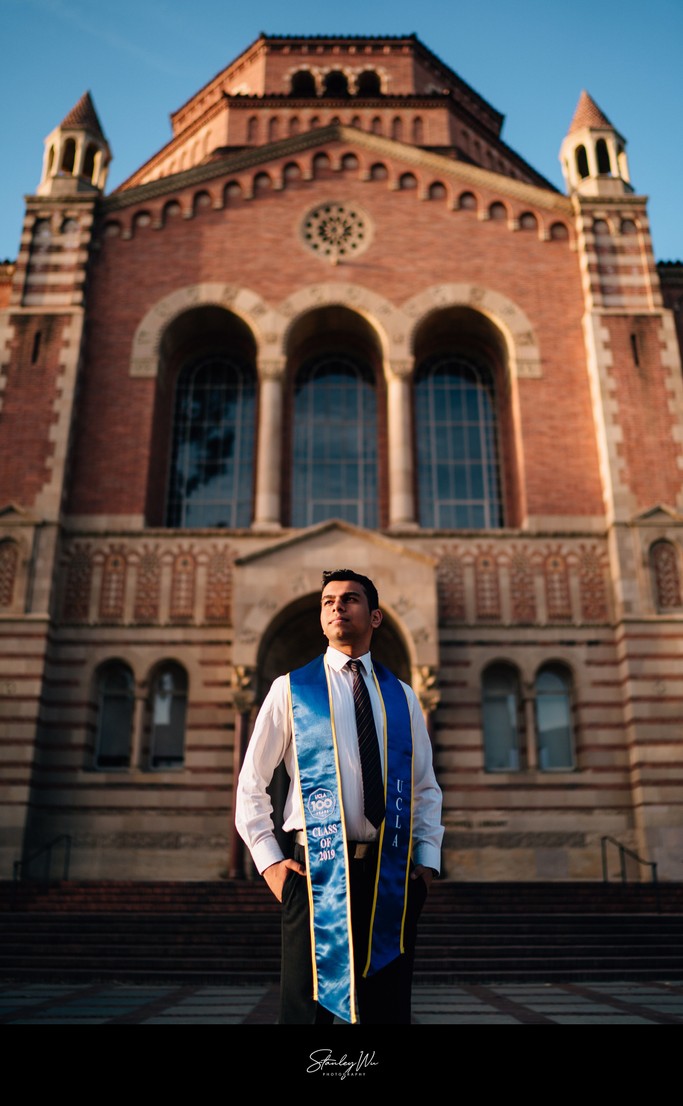 UCLA grad photo, Powell Library, low-angle summer light