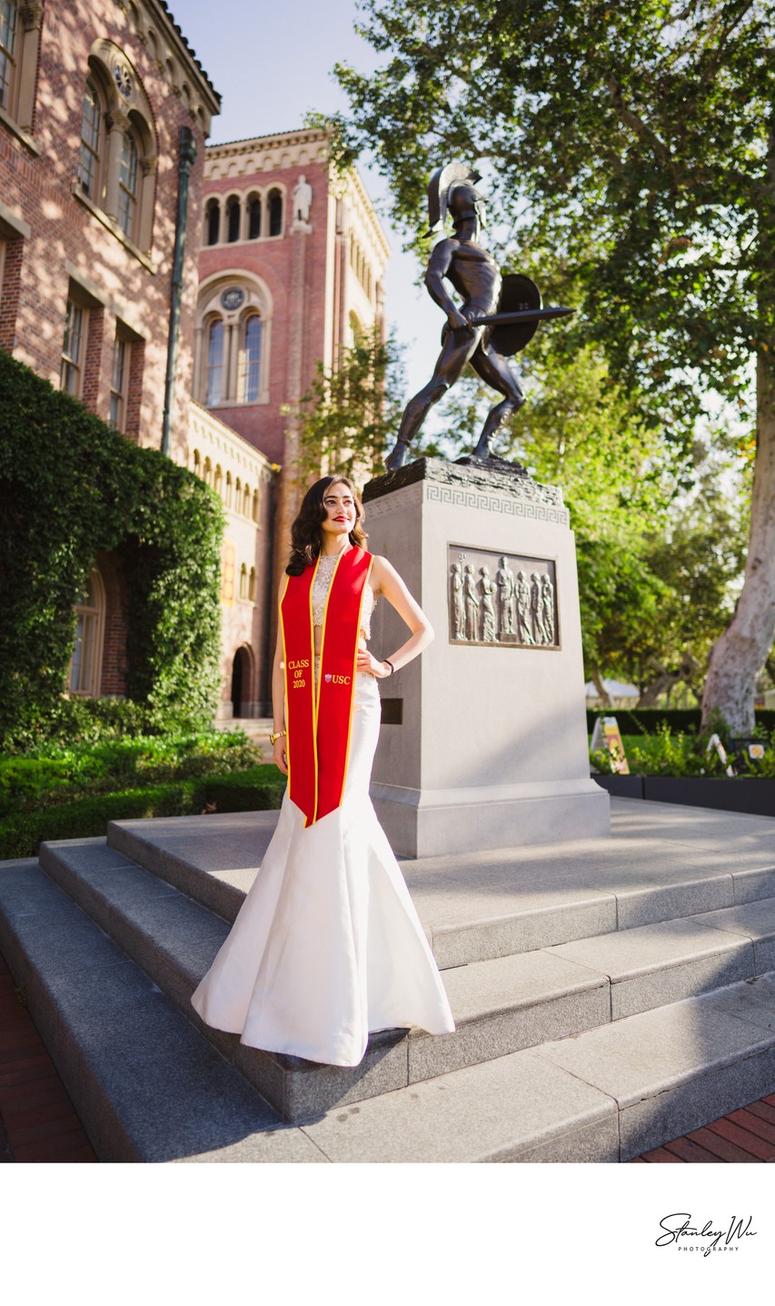 Long White Dress Grad Photo at USC Tommy Trojan