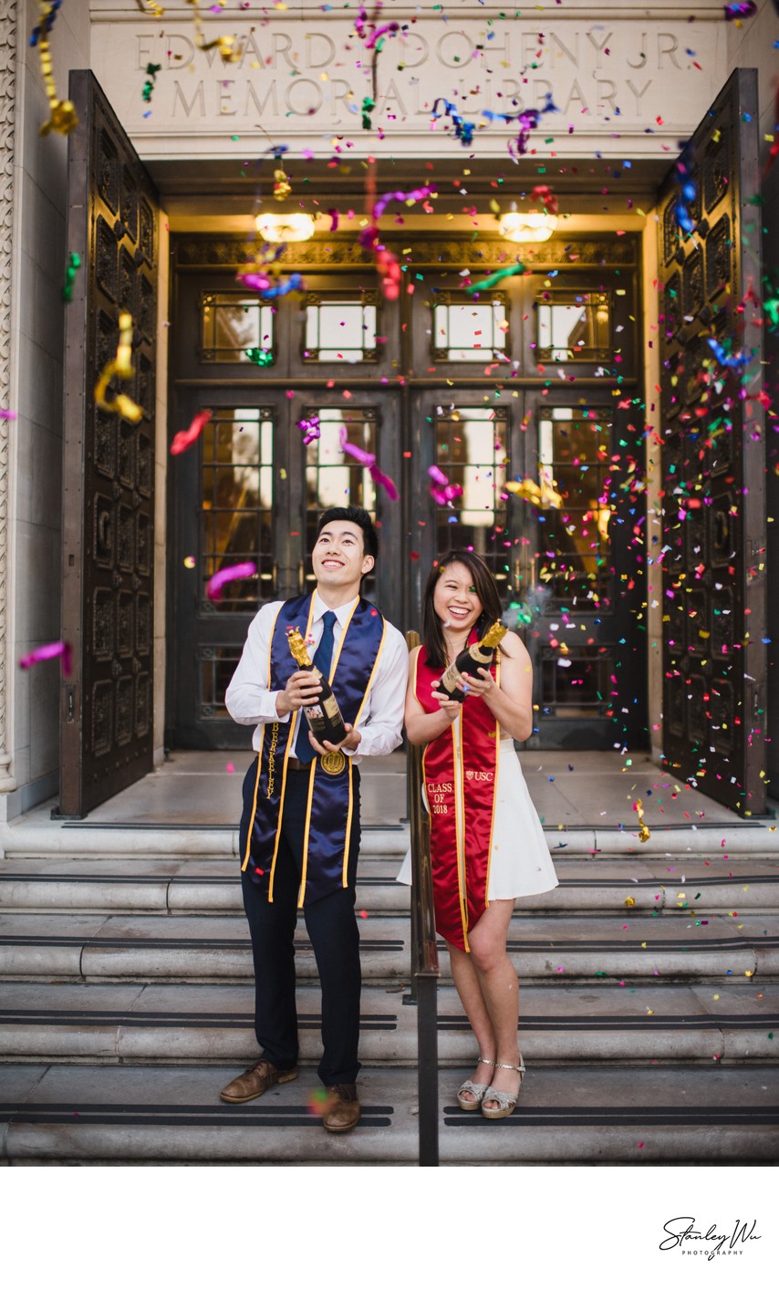 USC grad confetti shoot, couple, Doheny Library steps