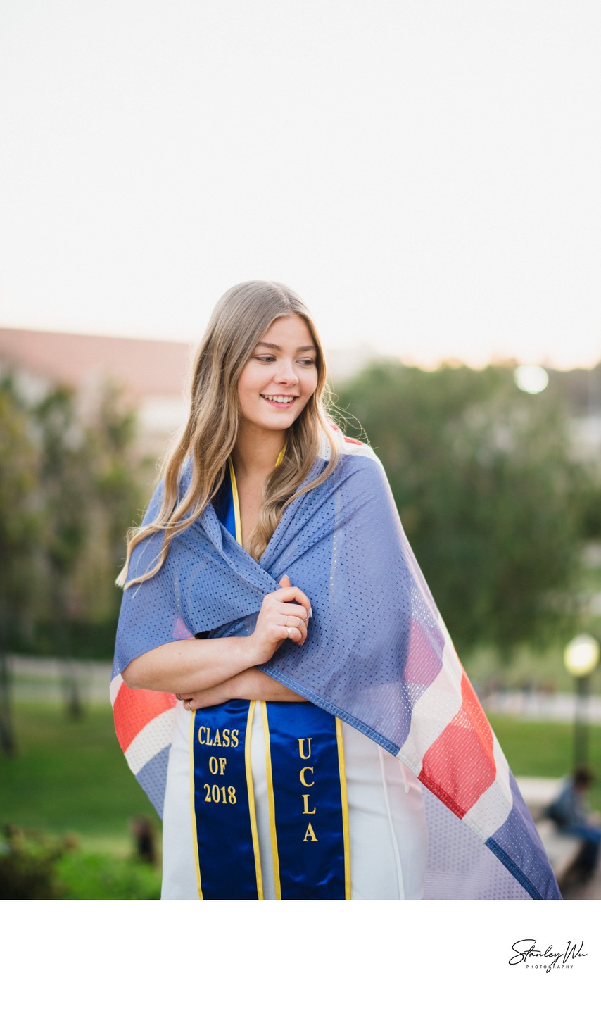 UCLA Grad Wrapped in Iceland Flag, Golden Hour