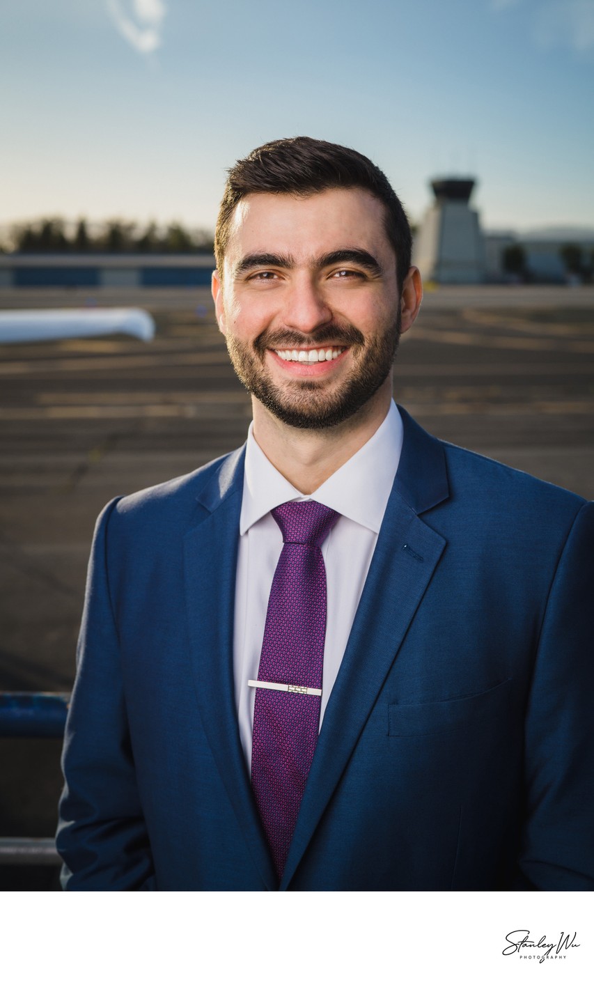 Executive headshot at Santa Monica Airport, golden hour