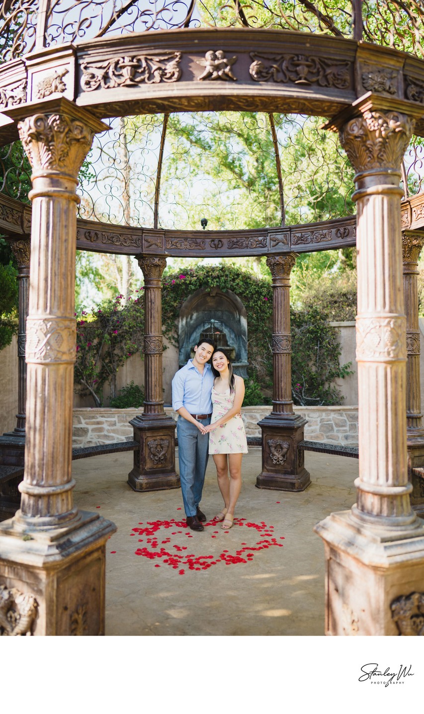 Proposal at Westlake Village Inn gazebo, rose petals