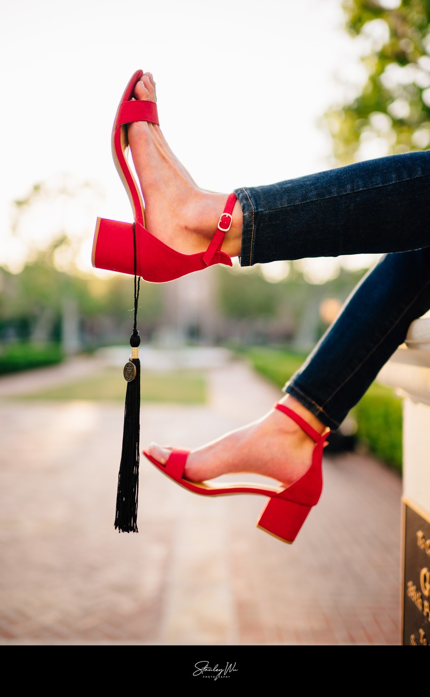 Detail Shot of USC Graduation Tassel & Crimson Heels