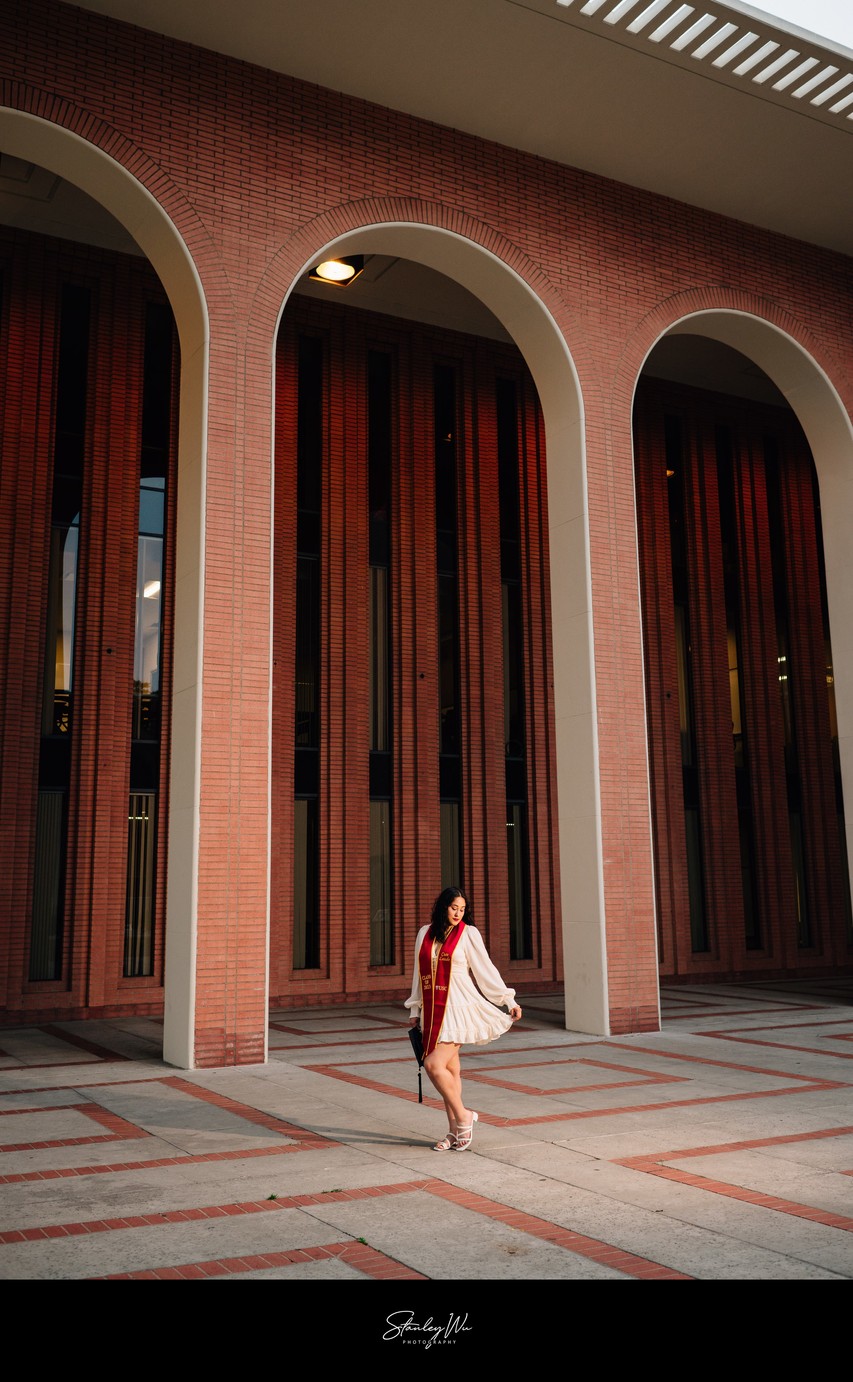USC grad photo, dramatic archways, cinematic light