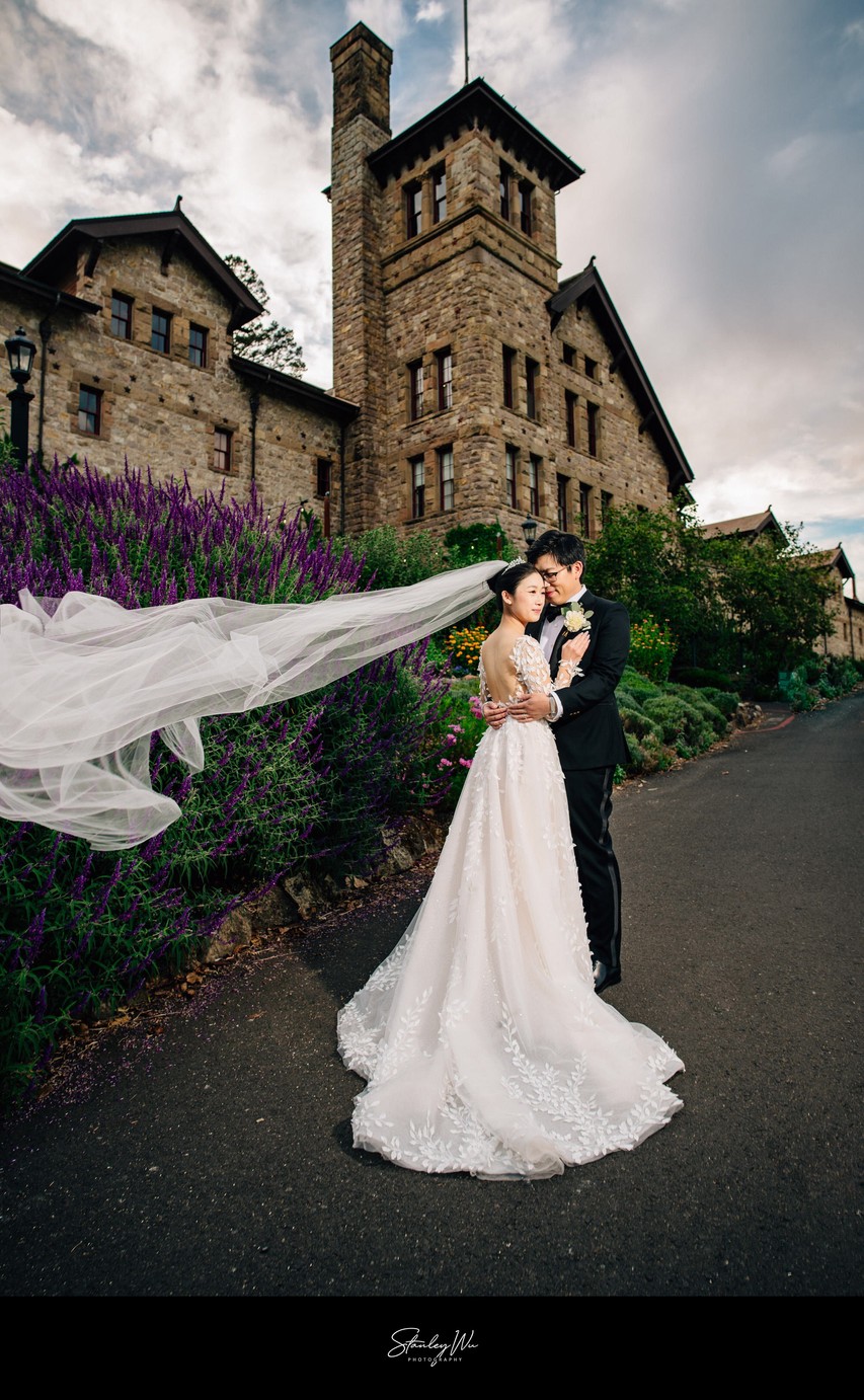 Napa wedding, flying veil at CIA Greystone, wine country