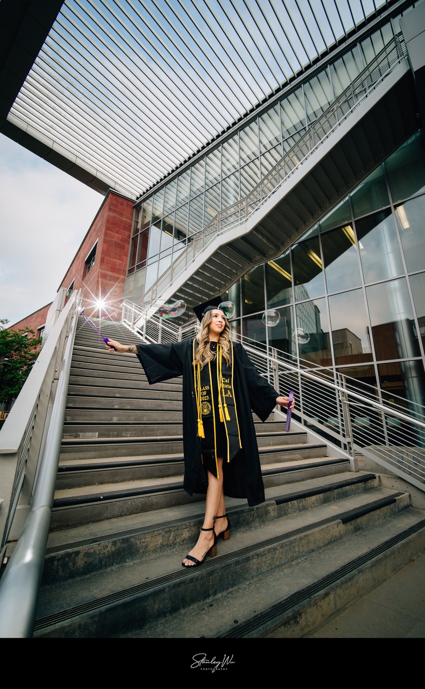 CSULA grad photo, ASCL staircase, natural + flash light