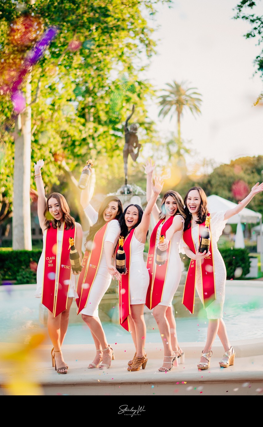 Joyful USC Grad Squad at Alumni Park Fountain