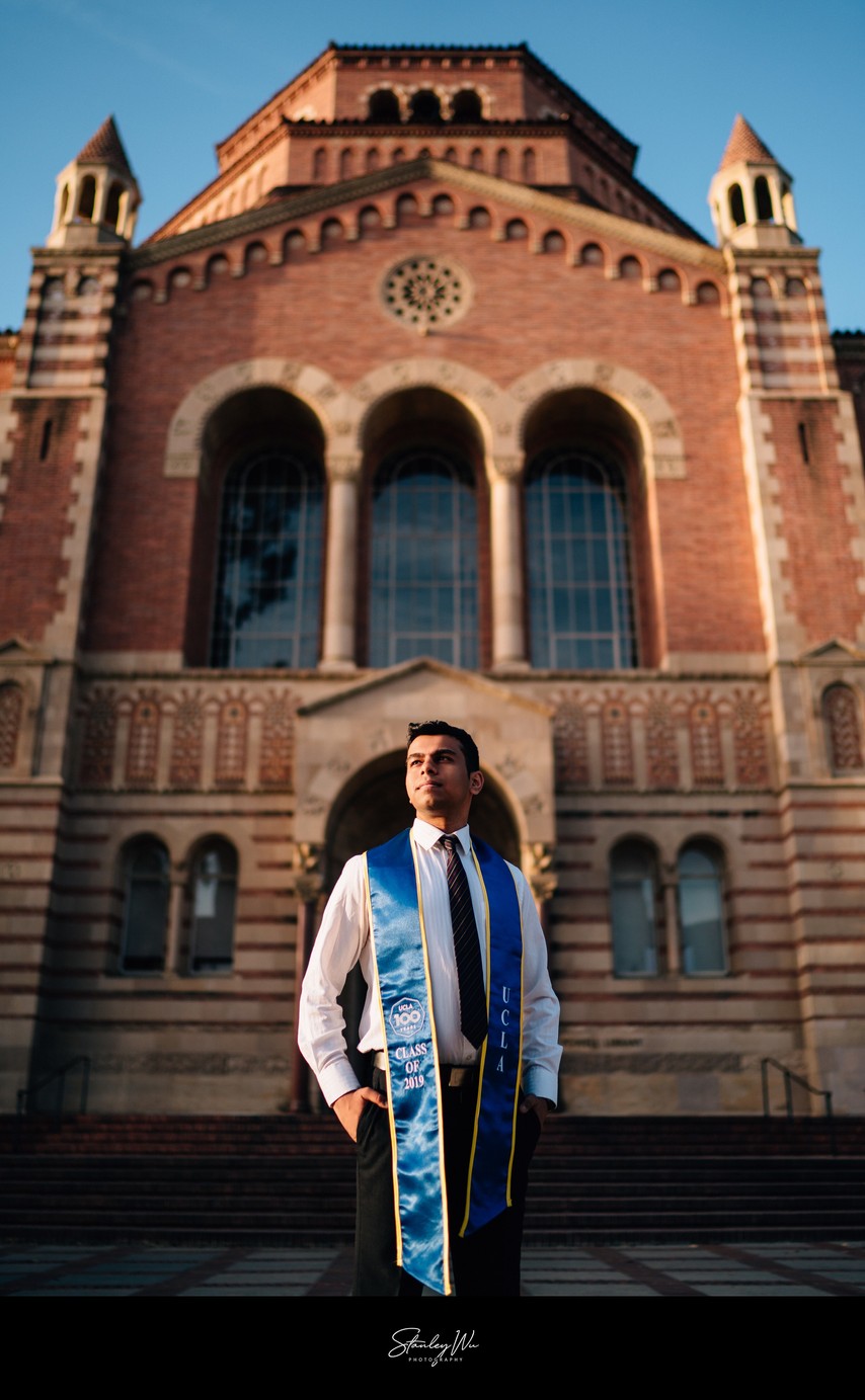 UCLA grad photo, Powell Library, low-angle summer light
