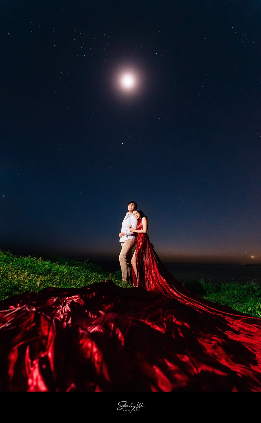 Night sky engagement portrait, red dress, Palos Verdes