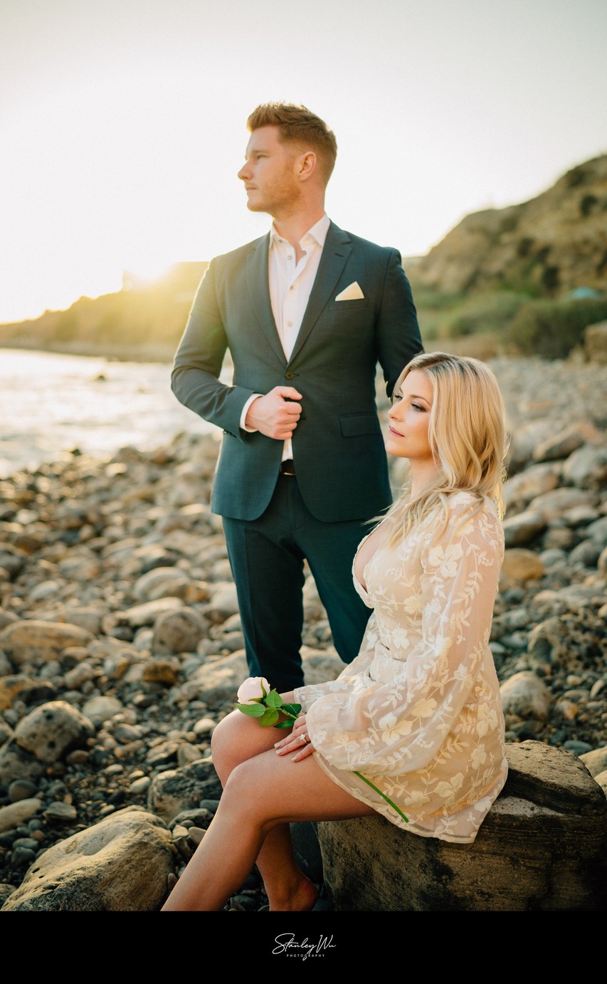Golden Hour Engagement Portrait on the Rocks, Terranea Cove Beach