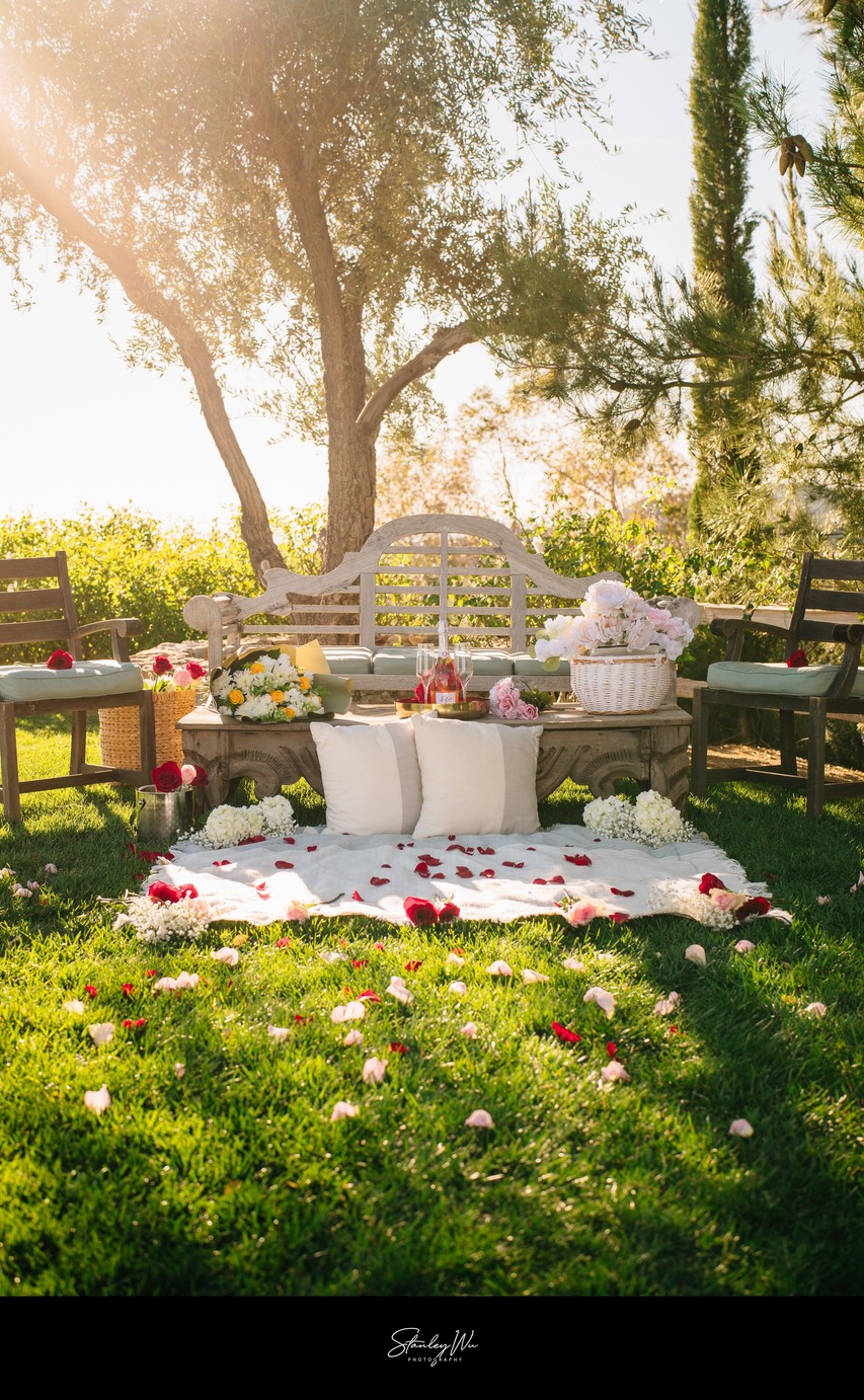 Elegant Proposal Setup with Bouquet, Picnic, and Roses