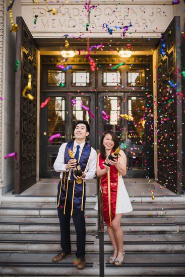 USC grad confetti shoot, couple, Doheny Library steps