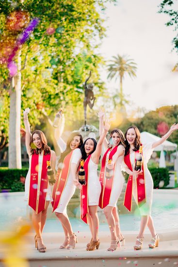 Joyful USC Grad Squad at Alumni Park Fountain