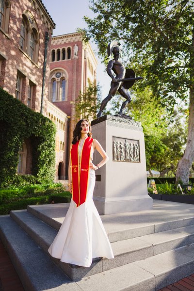 Long White Dress Grad Photo at USC Tommy Trojan