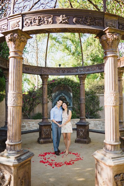 Proposal at Westlake Village Inn gazebo, rose petals