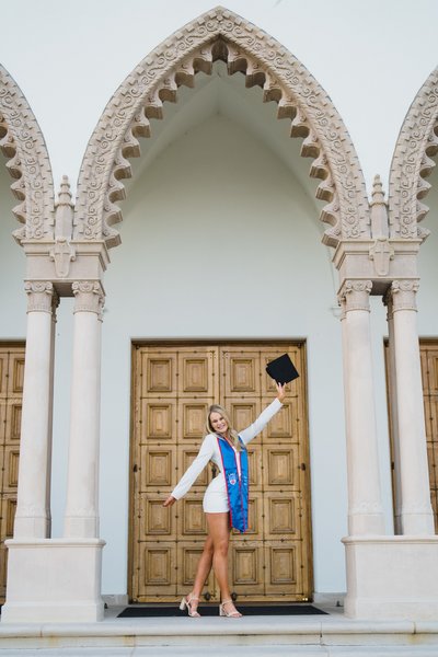 LMU grad photo, Sacred Heart Chapel, white dress