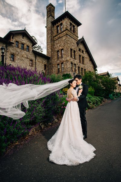 Napa wedding, flying veil at CIA Greystone, wine country