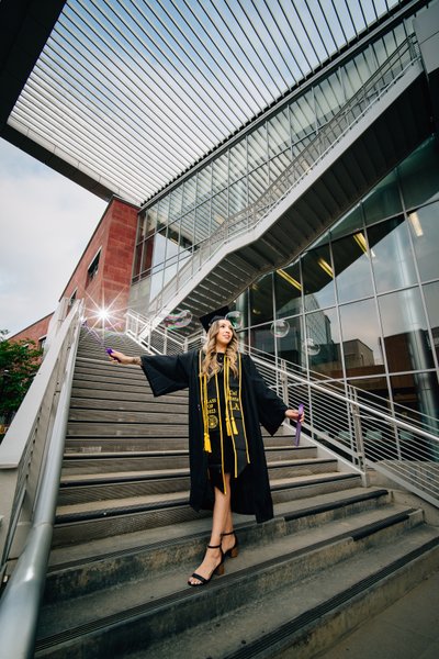 CSULA grad photo, ASCL staircase, natural + flash light