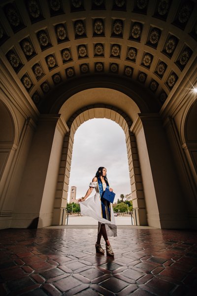 CBU Grad photo, Pasadena City Hall arch, ultrawide