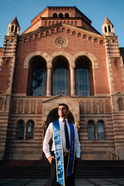 UCLA grad photo, Powell Library, low-angle summer light