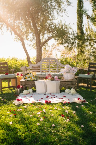 Elegant Proposal Setup with Bouquet, Picnic, and Roses