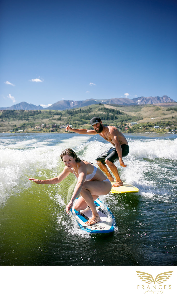 Mountain surfing couple Colorado engagement photography - Denver