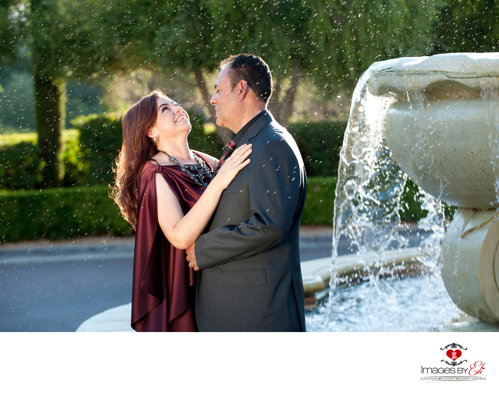 Lake Las Vegas Engagement photos by the fountain