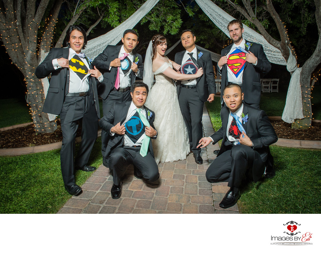 The Grove Las Vegas wedding Photography | Creative Las Vegas Wedding Photographer |Groom and groomsmen with superhero T-shirts under their shirts at Las Vegas Wedding | Images by EDI