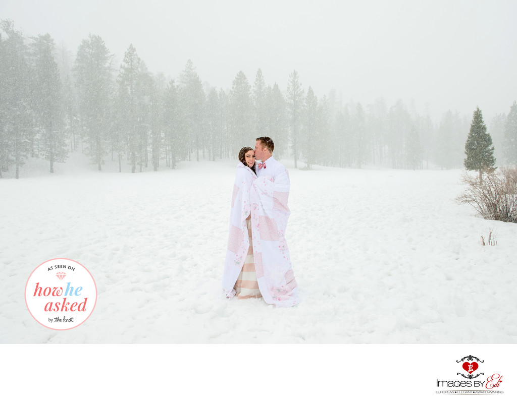 Engagement session in Las Vegas in snow blizzard featured by How He Asked by the Knot