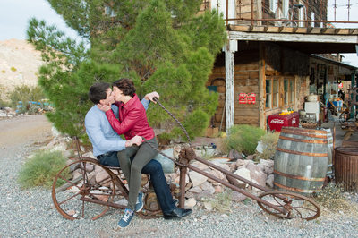 Nelson Ghost Town Las Vegas Wedding Couple sitting on an old bike