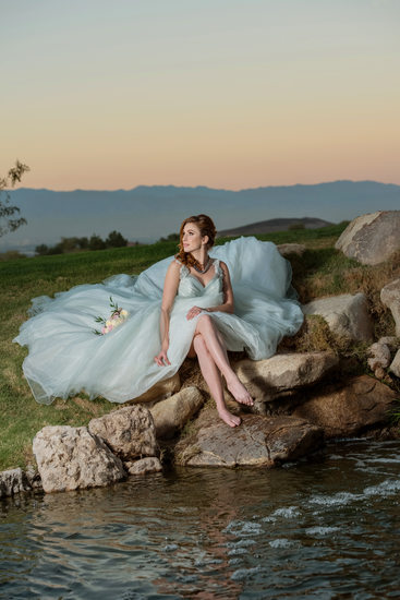Anthem Country Club Las Vegas Wedding Photographer | Wedding Photo of Bride Sitting by the Lake | Spectacular Bride Magazine Wedding Photo | Images by EDI