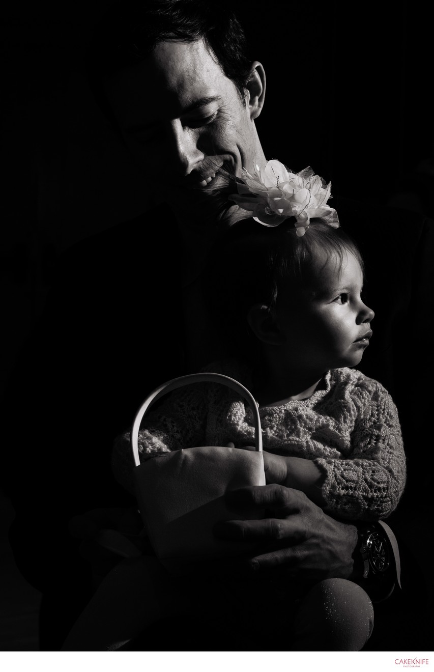 Black and white moody image of flower girl