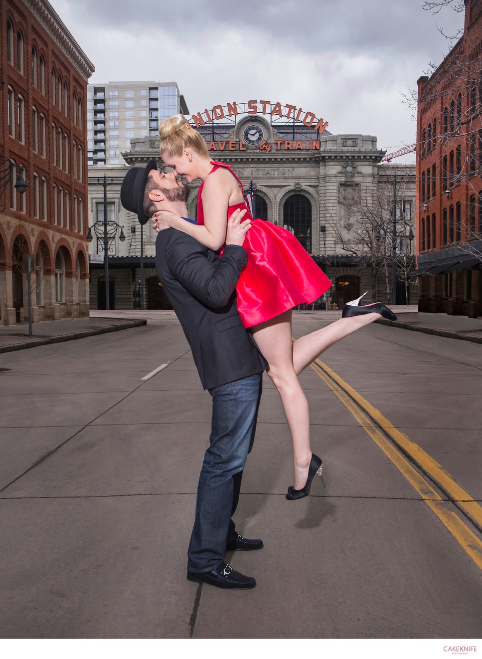 Denver Union Station Couple Lift Kiss